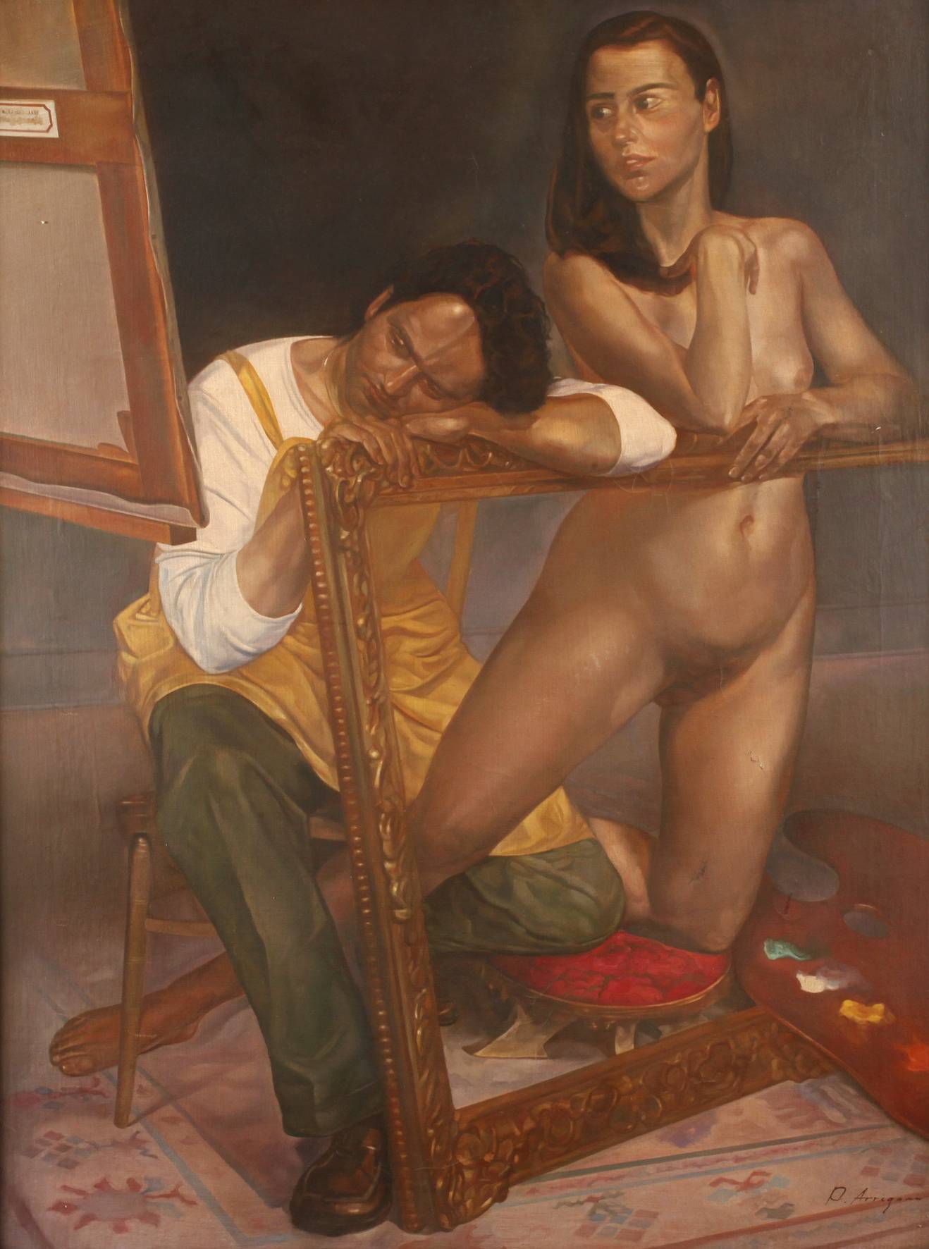 P. Arrigoni, Atelierszene mit Mädchenakt