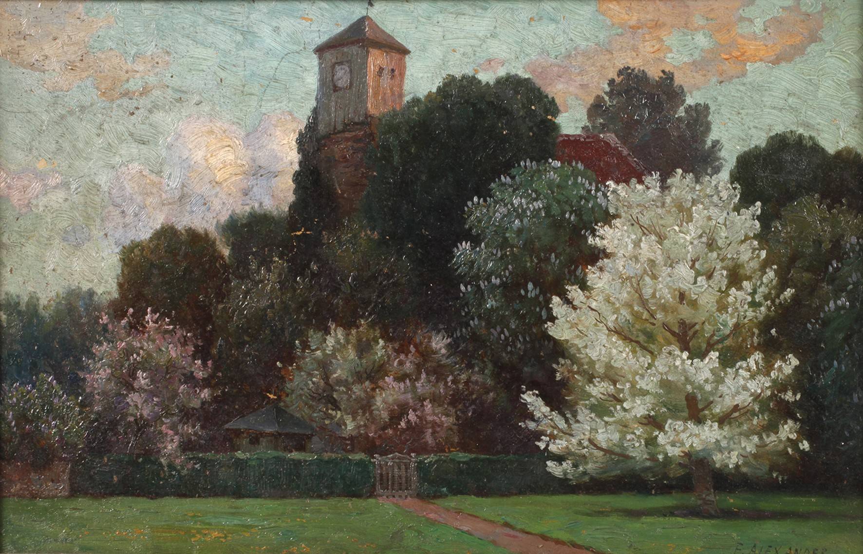 F. Alexander, blühende Bäume am Kirchhof