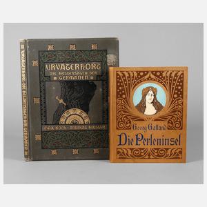 Zwei Sagenbücher mit Jugendstilbuchschmuck