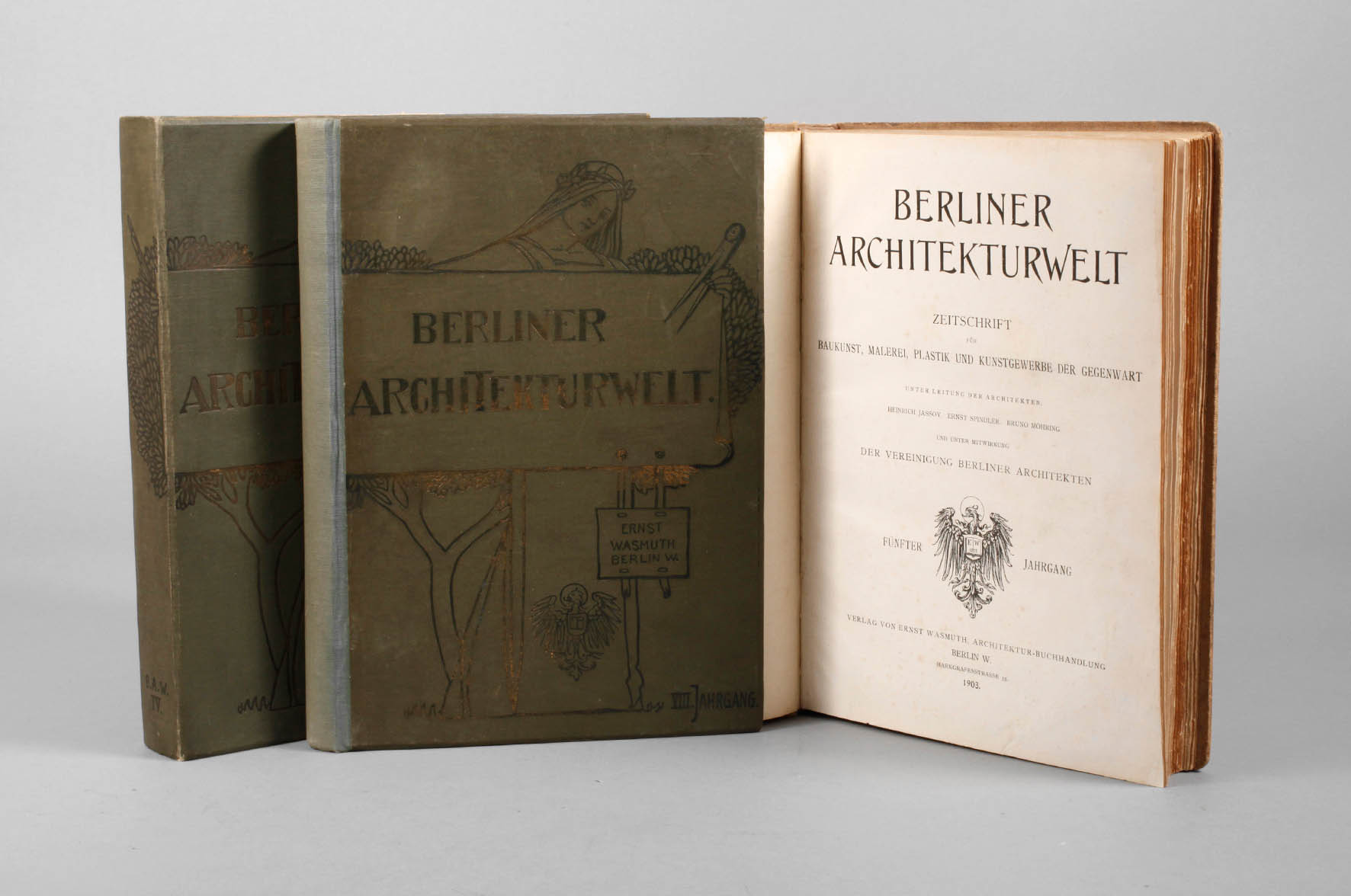 Berliner Architekturwelt 1901 bis 1905 Zeitschrift für Baukunst, Malerei, Plastik und Kunstgewerbe der Gegenwart, unter Leitung der Architekten H. Jassoy, E. Spindler, B. Möhring und unter Mitwirkung der Vereinigung Berliner Architekten, 4., 5. und 8