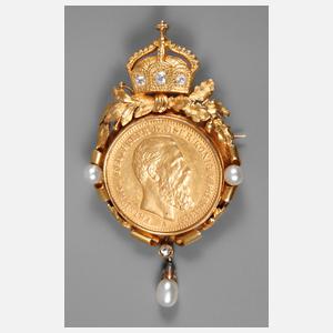 Goldbrosche 20 Mark Preußen mit Brillantbesatz