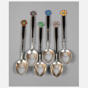 Sechs Mokkalöffel mit emaillierten Griffen