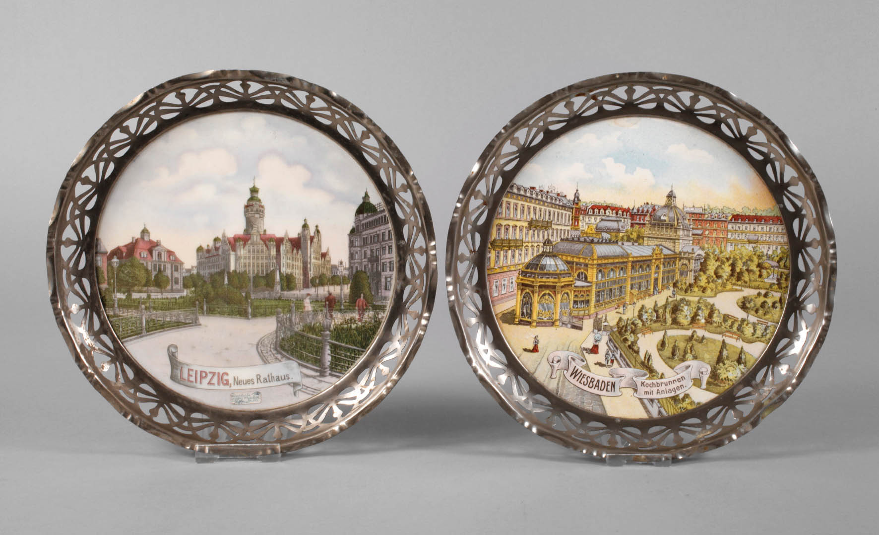 Paar Ansichtenteller Leipzig und Wiesbaden