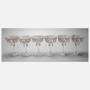 Sechs Sektschalen Emaildekor