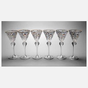 Sechs Weingläser Emaildekor