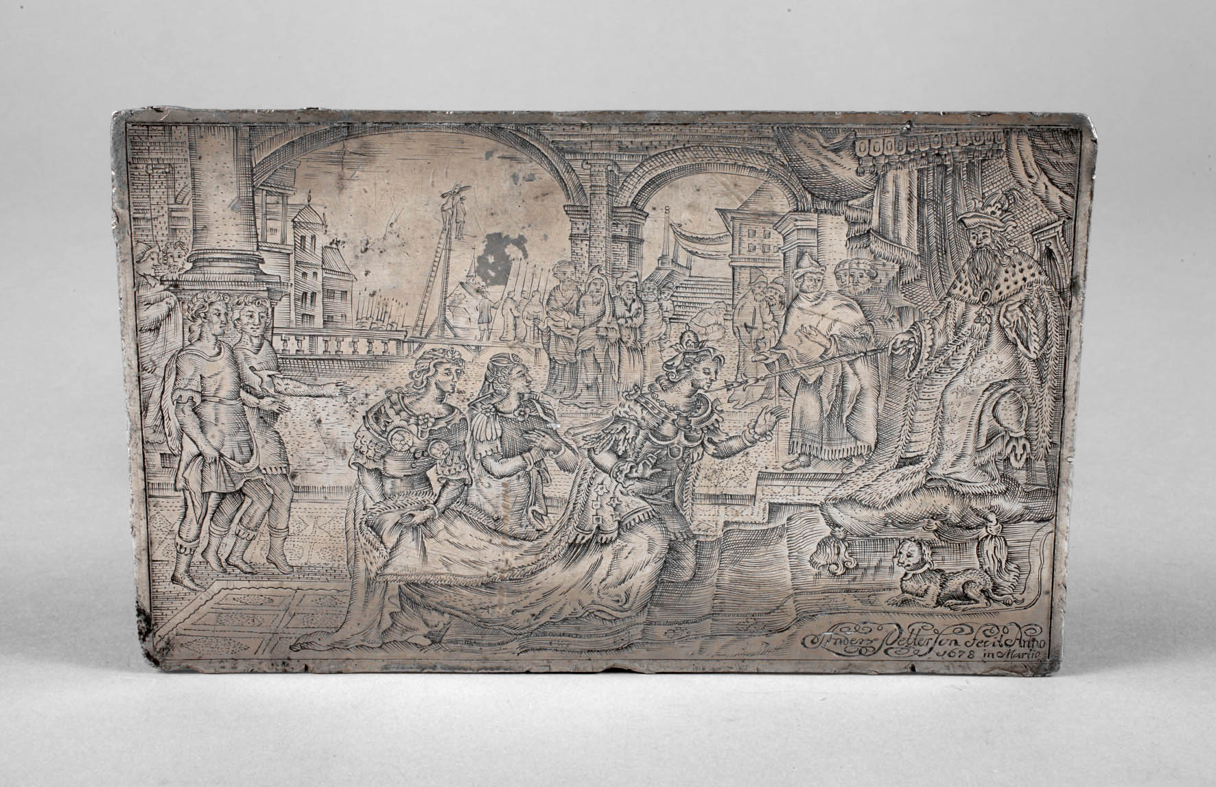 Meisterhaft gravierte Zinnplatte