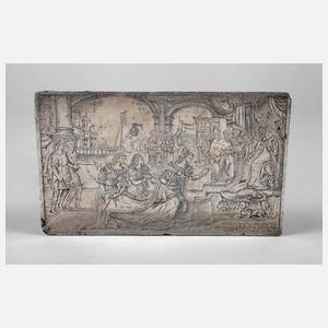 Meisterhaft gravierte Zinnplatte