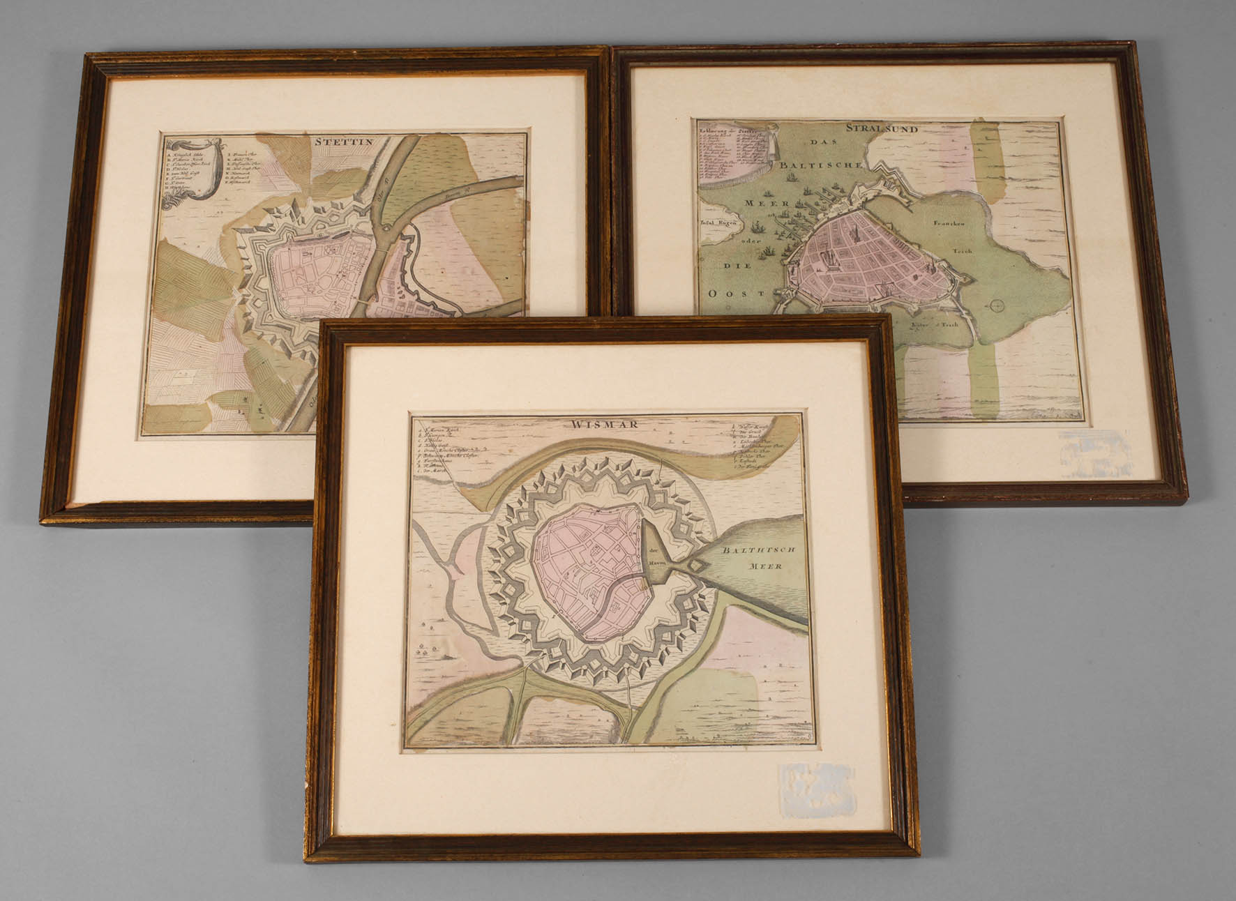 Drei Grundrisse, Wismar, Stettin und Stralsund