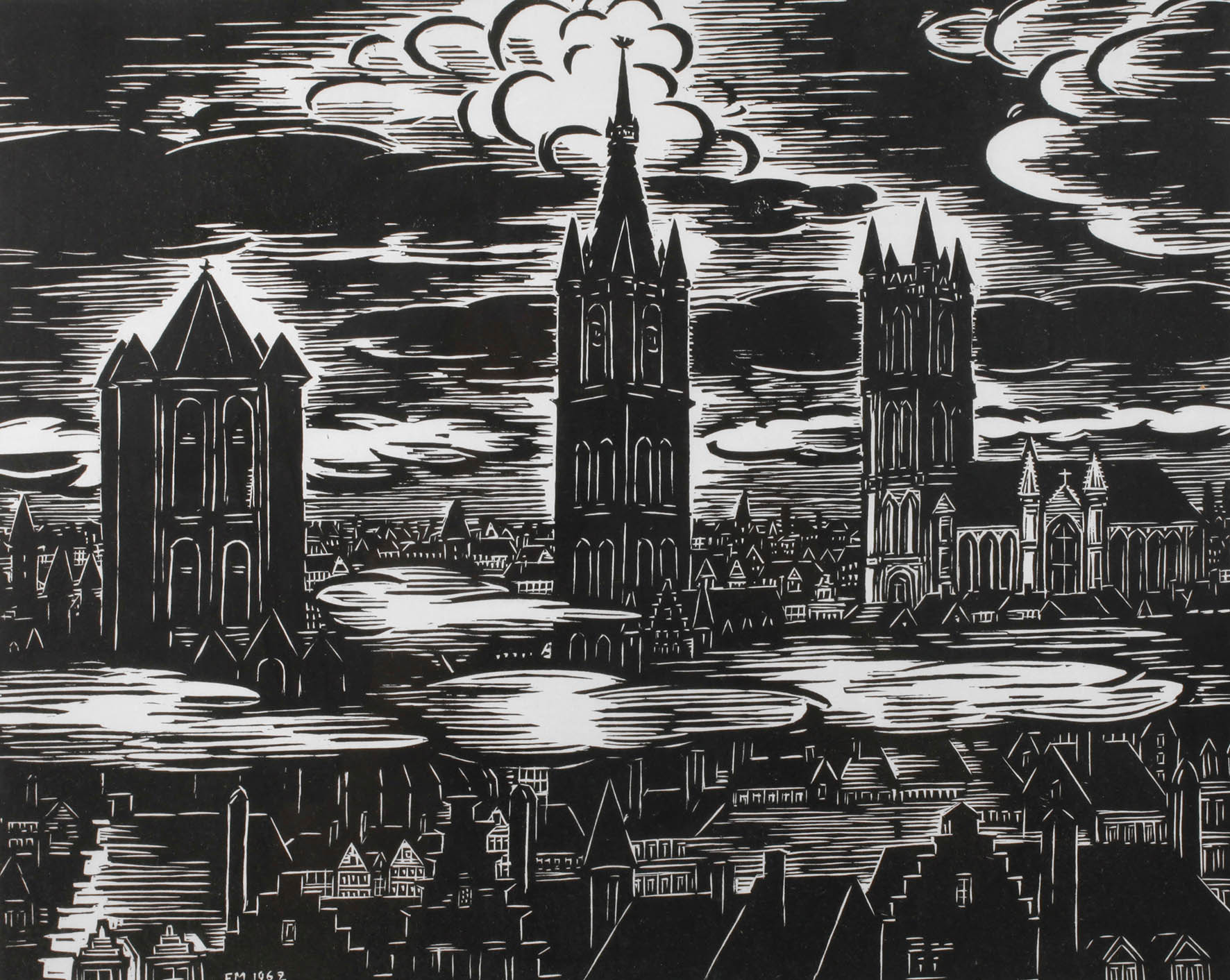 Prof. Frans Masereel ”Tours de Gand vues du Post Hotel”