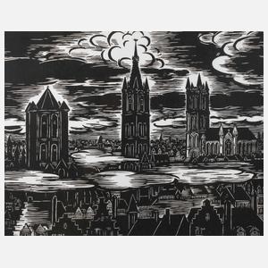 Prof. Frans Masereel ”Tours de Gand vues du Post Hotel”