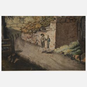 Bergige Landschaft mit Wanderer Bauerngehöft am Felshang in üppiger Vegetation, mit Wanderern im Vordergrund, unter locker bewölktem Himmel, Mischtechnik über Tusche, unsigniert, leichte Erhaltungsmängel, unter Passepartout, hinter Glas gerahmt, Pass