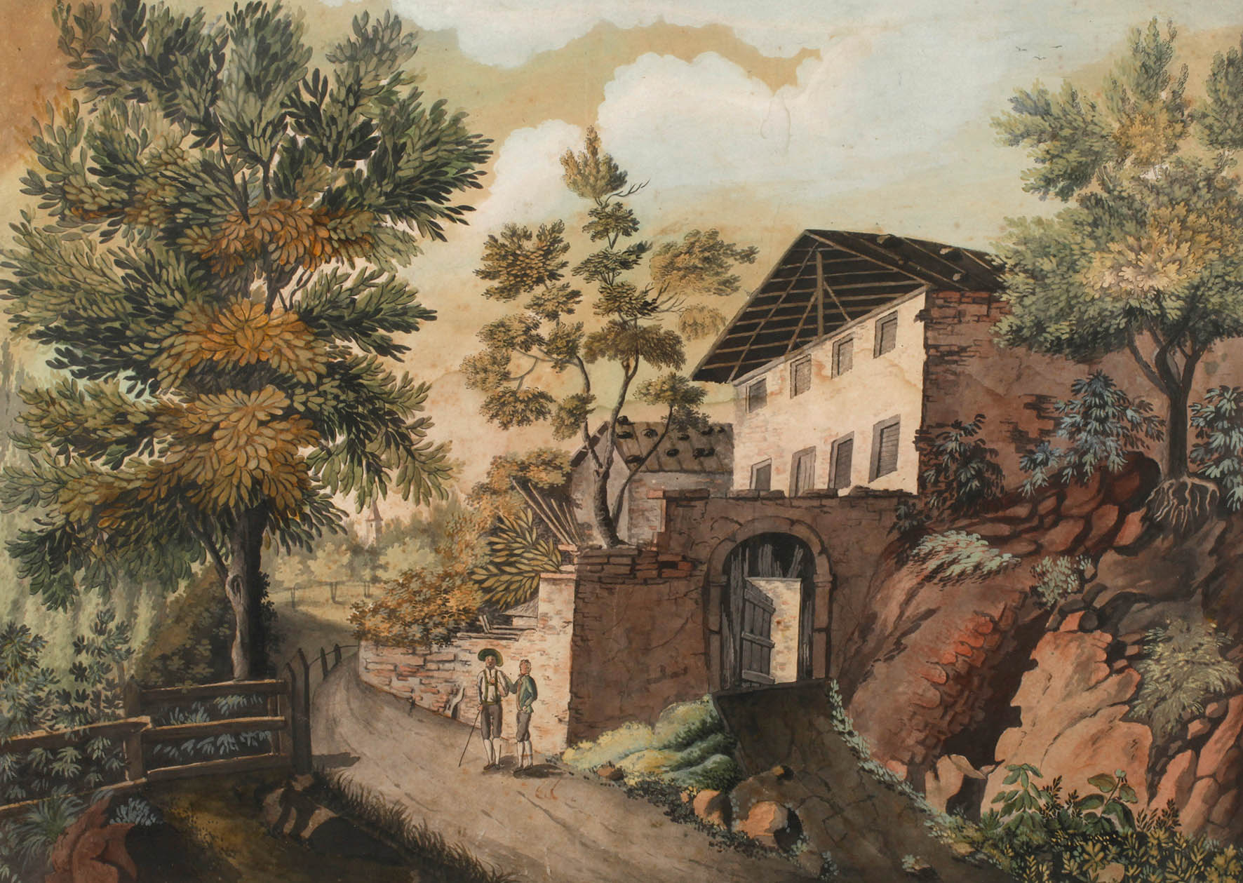 Bergige Landschaft mit Wanderer Bauerngehöft am Felshang in üppiger Vegetation, mit Wanderern im Vordergrund, unter locker bewölktem Himmel, Mischtechnik über Tusche, unsigniert, leichte Erhaltungsmängel, unter Passepartout, hinter Glas gerahmt, Pass