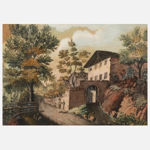 Bergige Landschaft mit Wanderer Bauerngehöft am Felshang in üppiger Vegetation, mit Wanderern im Vordergrund, unter locker bewölktem Himmel, Mischtechnik über Tusche, unsigniert, leichte Erhaltungsmängel, unter Passepartout, hinter Glas gerahmt, Pass