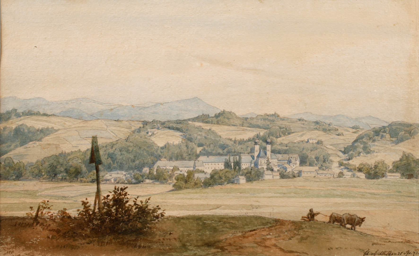 Bayerische Gebirgslandschaft mit Kloster