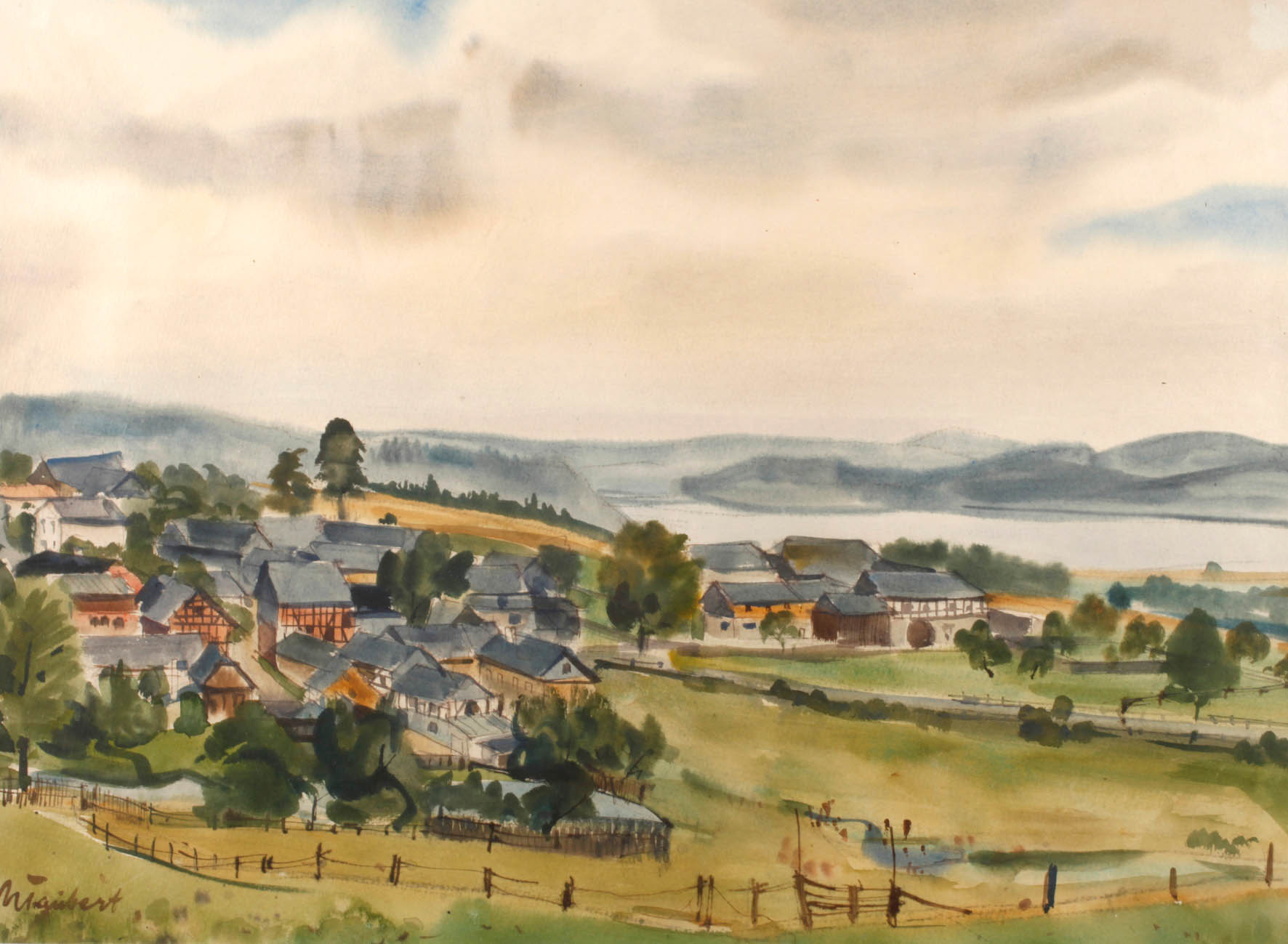 Wolfgang Taubert, Dorfansicht in bergiger Landschaft