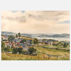 Wolfgang Taubert, Dorfansicht in bergiger Landschaft