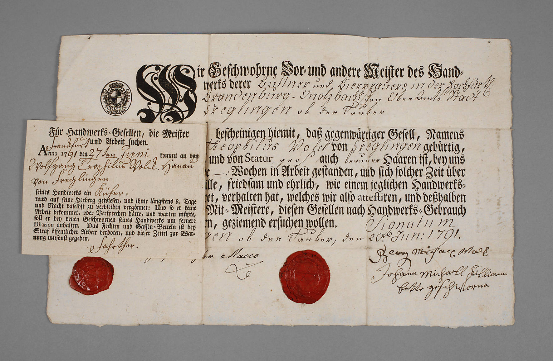 Zwei Urkunden Zunft Creglingen 1791