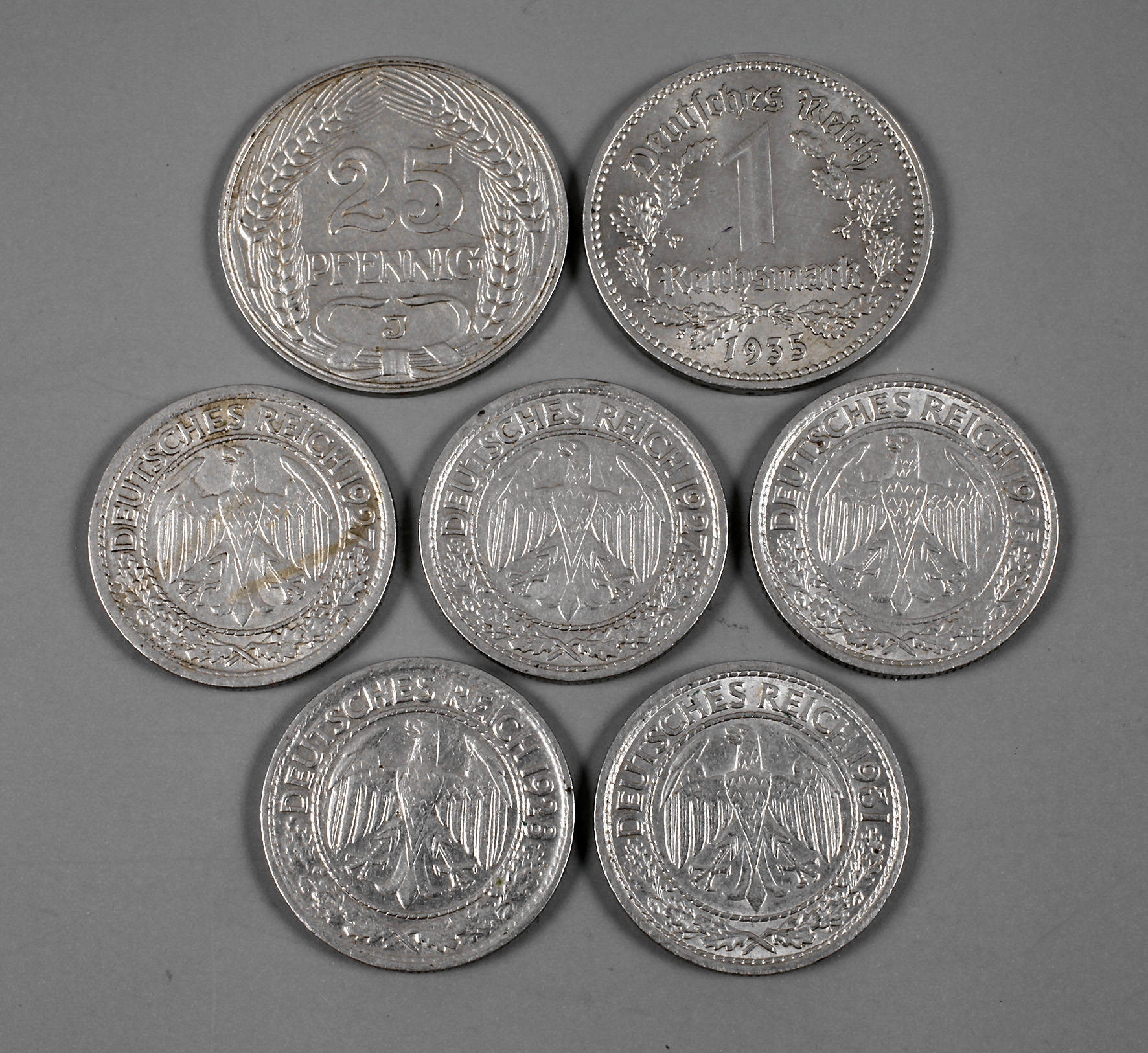 Sieben Münzen Deutsches Reich