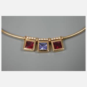 Designcollier Rubelith, Tansanit und Brillanten