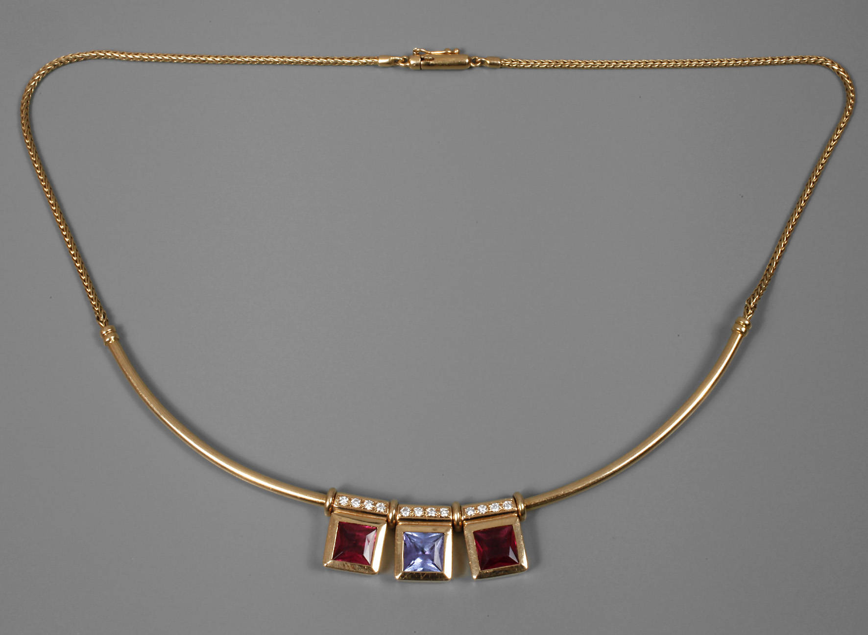 Designcollier Rubelith, Tansanit und Brillanten