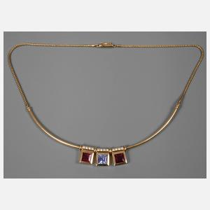 Designcollier Rubelith, Tansanit und Brillanten
