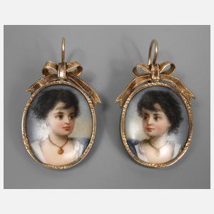 Paar Biedermeierohrhänger mit Porzellanmalerei