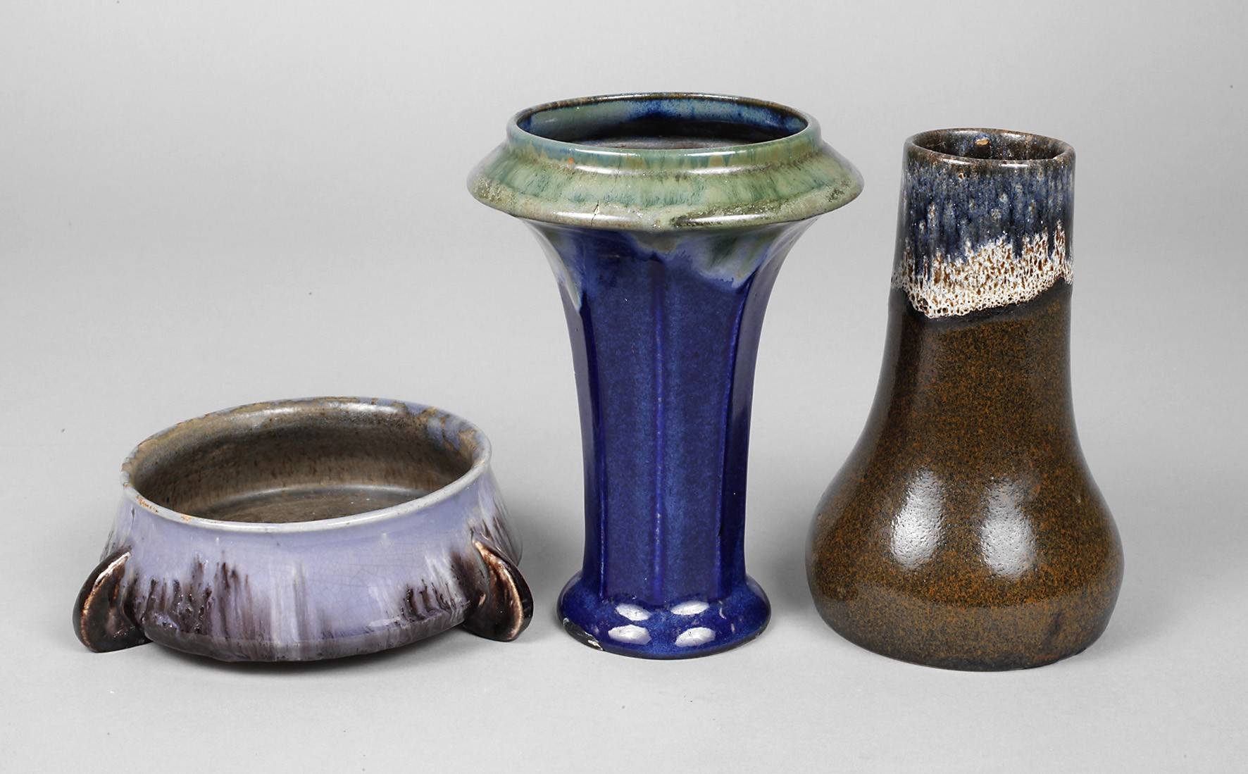 Bürgel zwei Laufglasurvasen und eine Schale