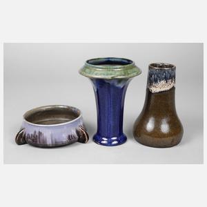 Bürgel zwei Laufglasurvasen und eine Schale