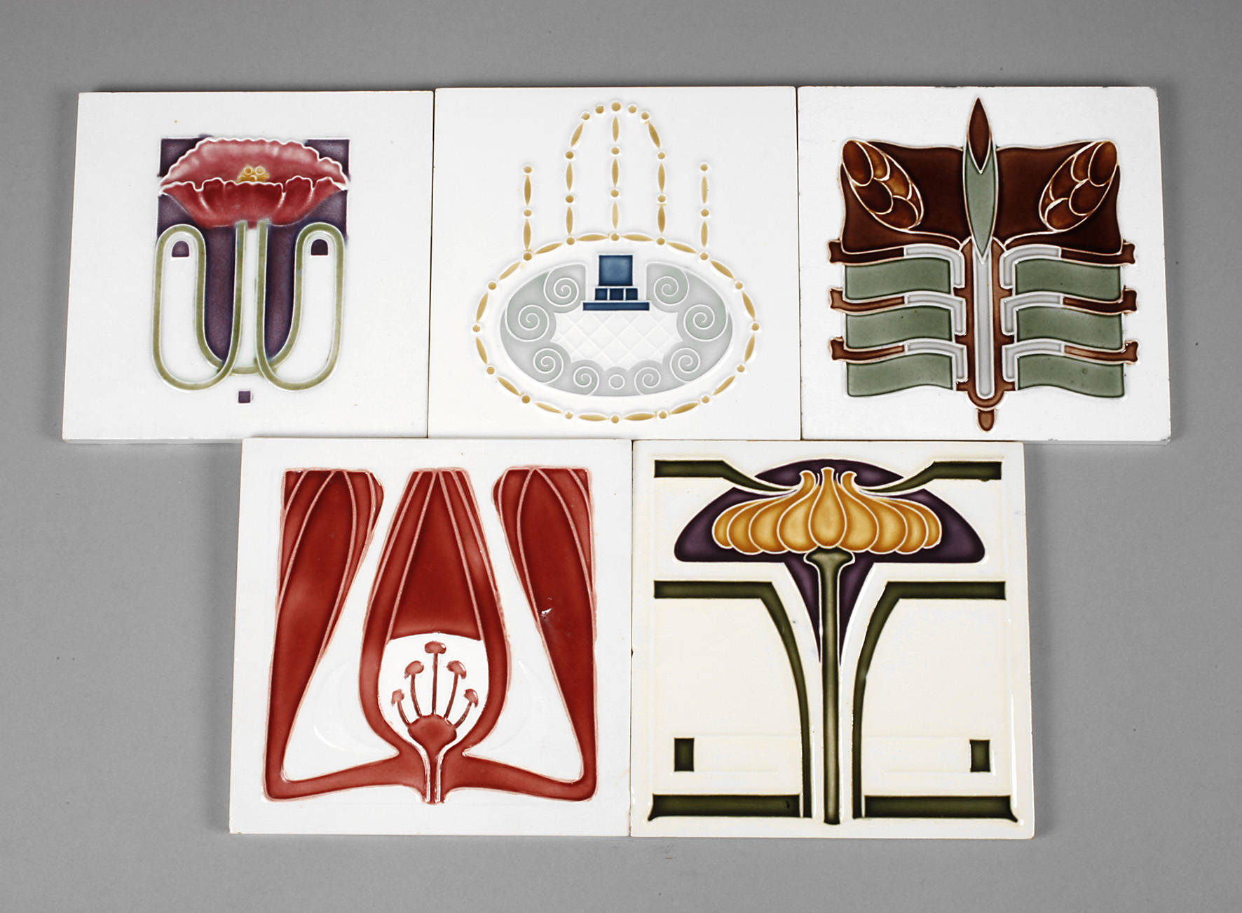 Fünf Jugendstilfliesen Meissen Teichert