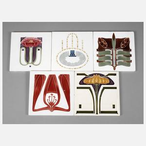 Fünf Jugendstilfliesen Meissen Teichert