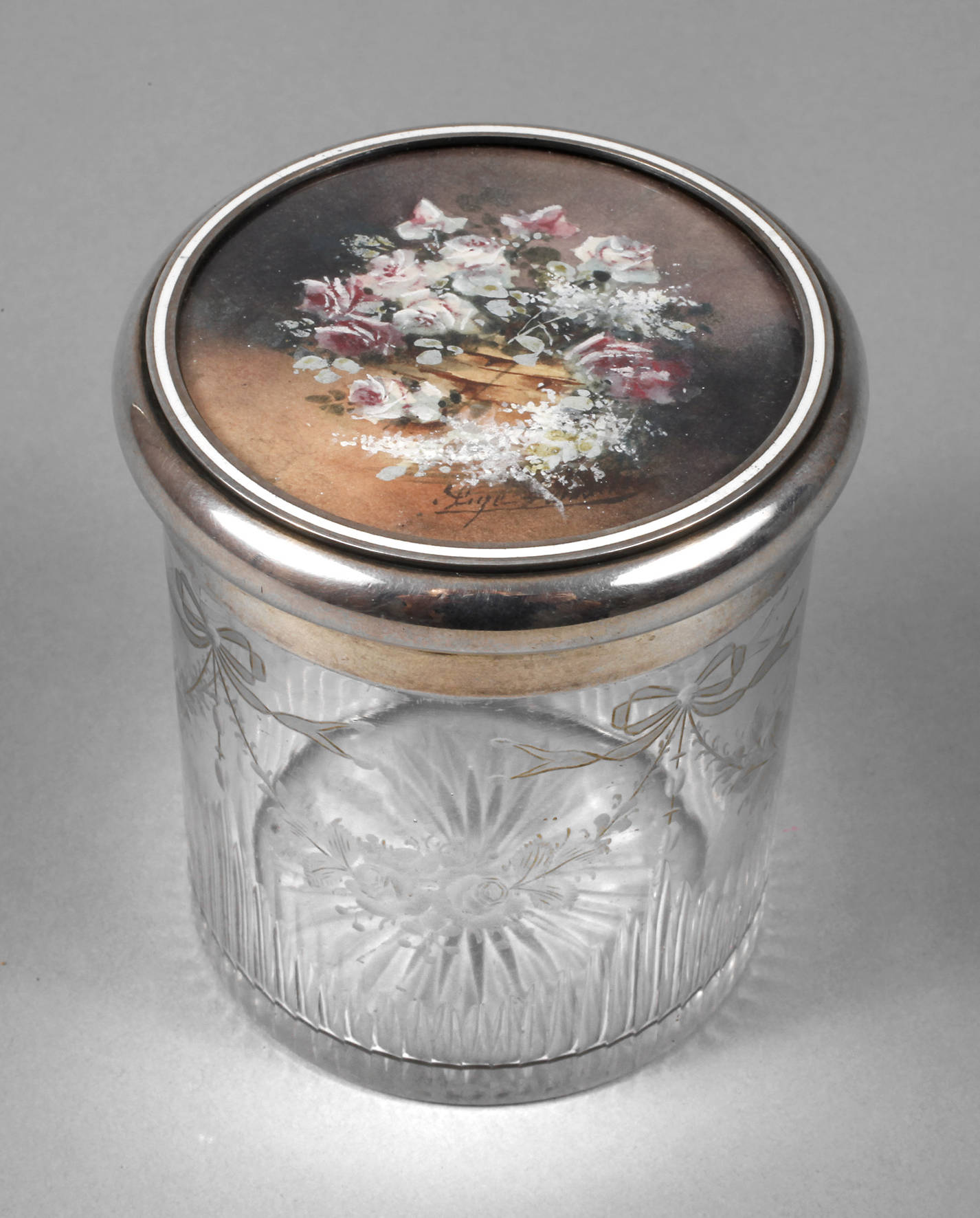 Klassizistische Glasdose mit Silberdeckel