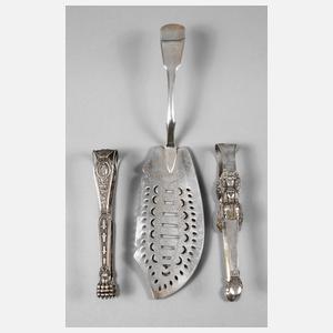 Fischheber und zwei Zuckerzangen Silber