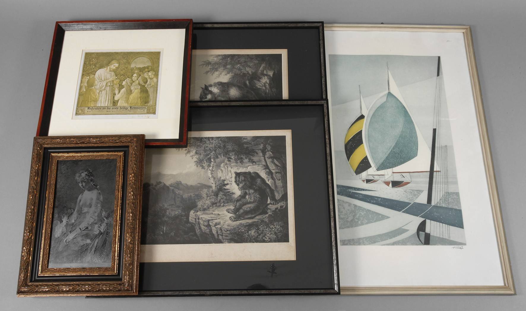 Konvolut fünf gerahmte Grafiken