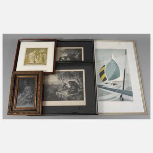 Konvolut fünf gerahmte Grafiken