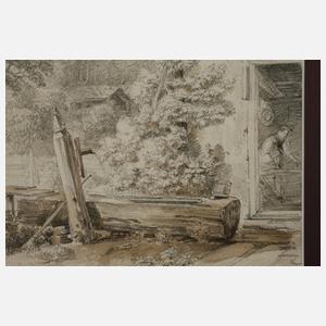 Josef Höger, attr., Brunnen vorm Bauernhaus