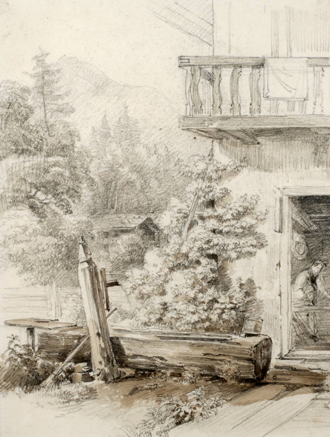 Josef Höger, attr., Brunnen vorm Bauernhaus