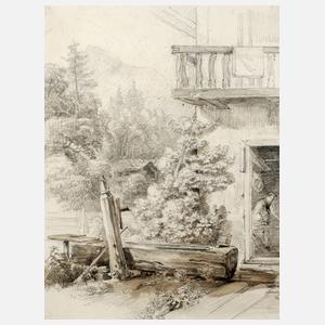 Josef Höger, attr., Brunnen vorm Bauernhaus