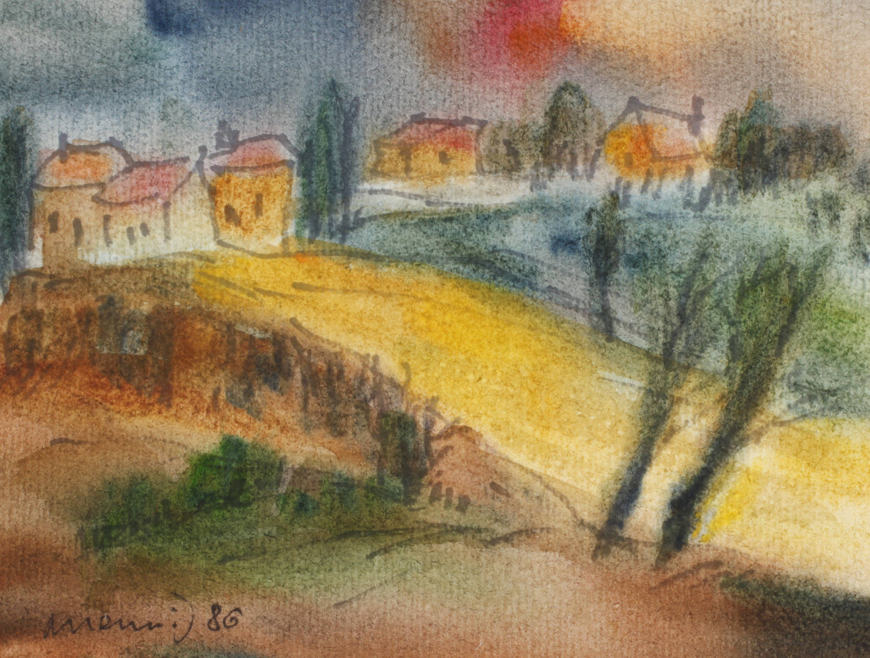 Albert Hennig, Häuser in herbstlicher Landschaft