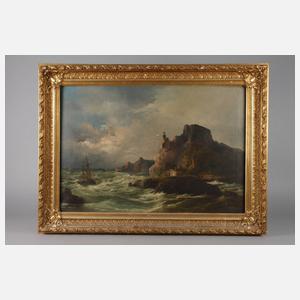 F. Kollmann, Segelboot in der Brandung vor Felsenküste