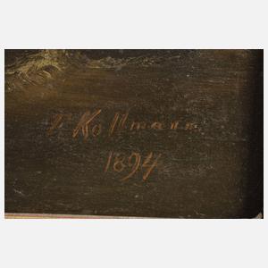 F. Kollmann, Segelboot in der Brandung vor Felsenküste