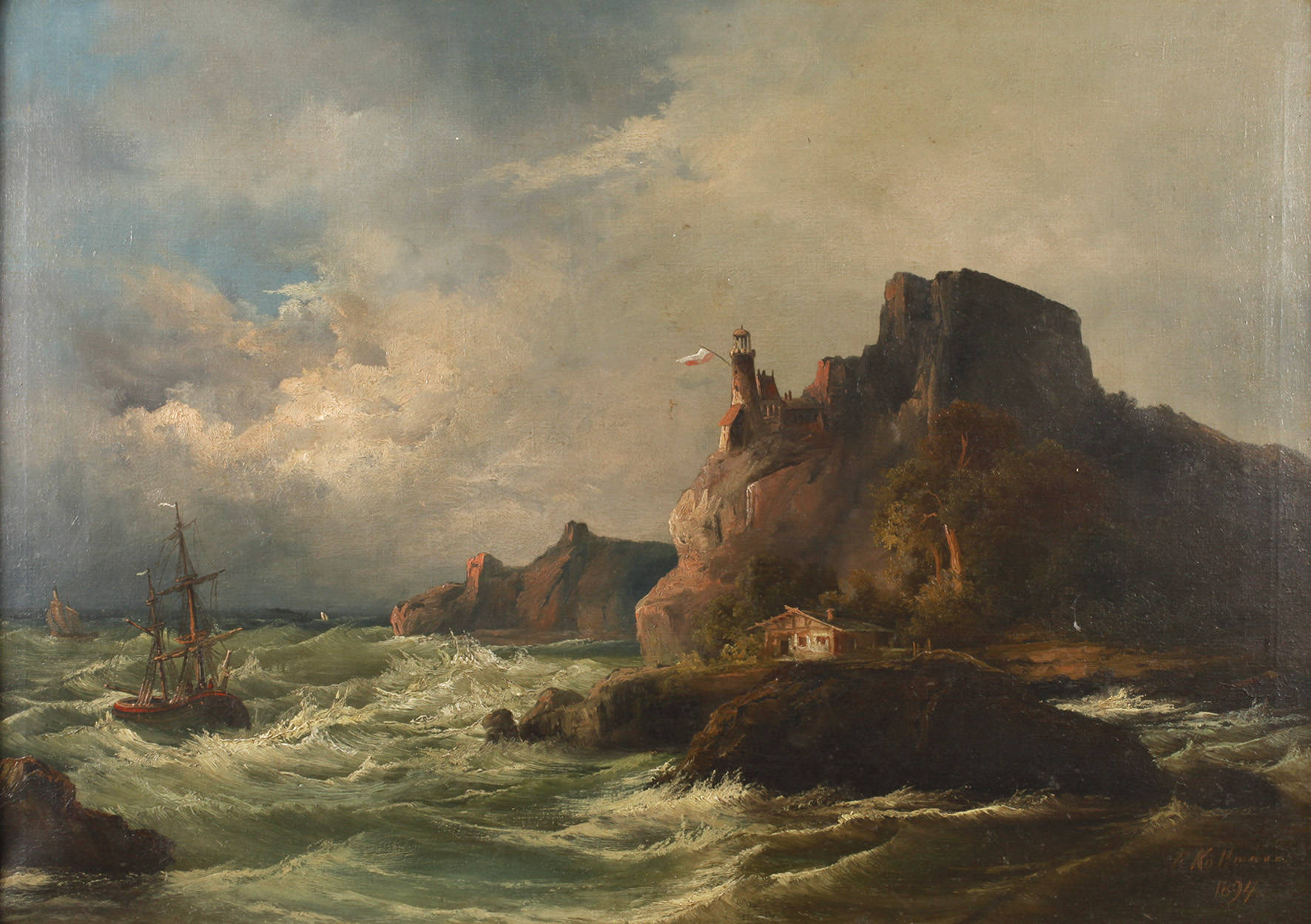 F. Kollmann, Segelboot in der Brandung vor Felsenküste
