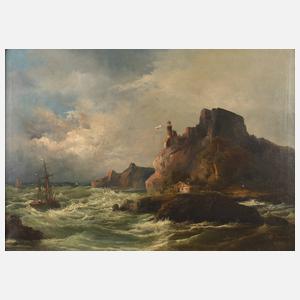 F. Kollmann, Segelboot in der Brandung vor Felsenküste