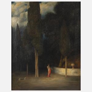 Frau mit Lyra im Zypressenhain