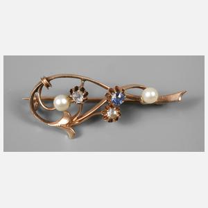 Brosche mit Perlen, Saphir und Diamantrosen