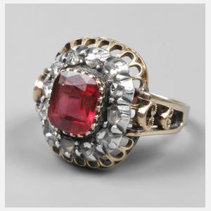 Damenring mit Farbstein und Diamantrosen