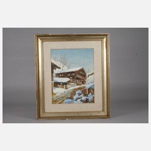 L. Hudez, Verschneites alpines Bauernhaus