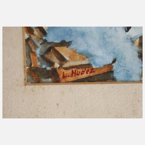 L. Hudez, Verschneites alpines Bauernhaus