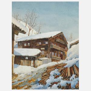 L. Hudez, Verschneites alpines Bauernhaus