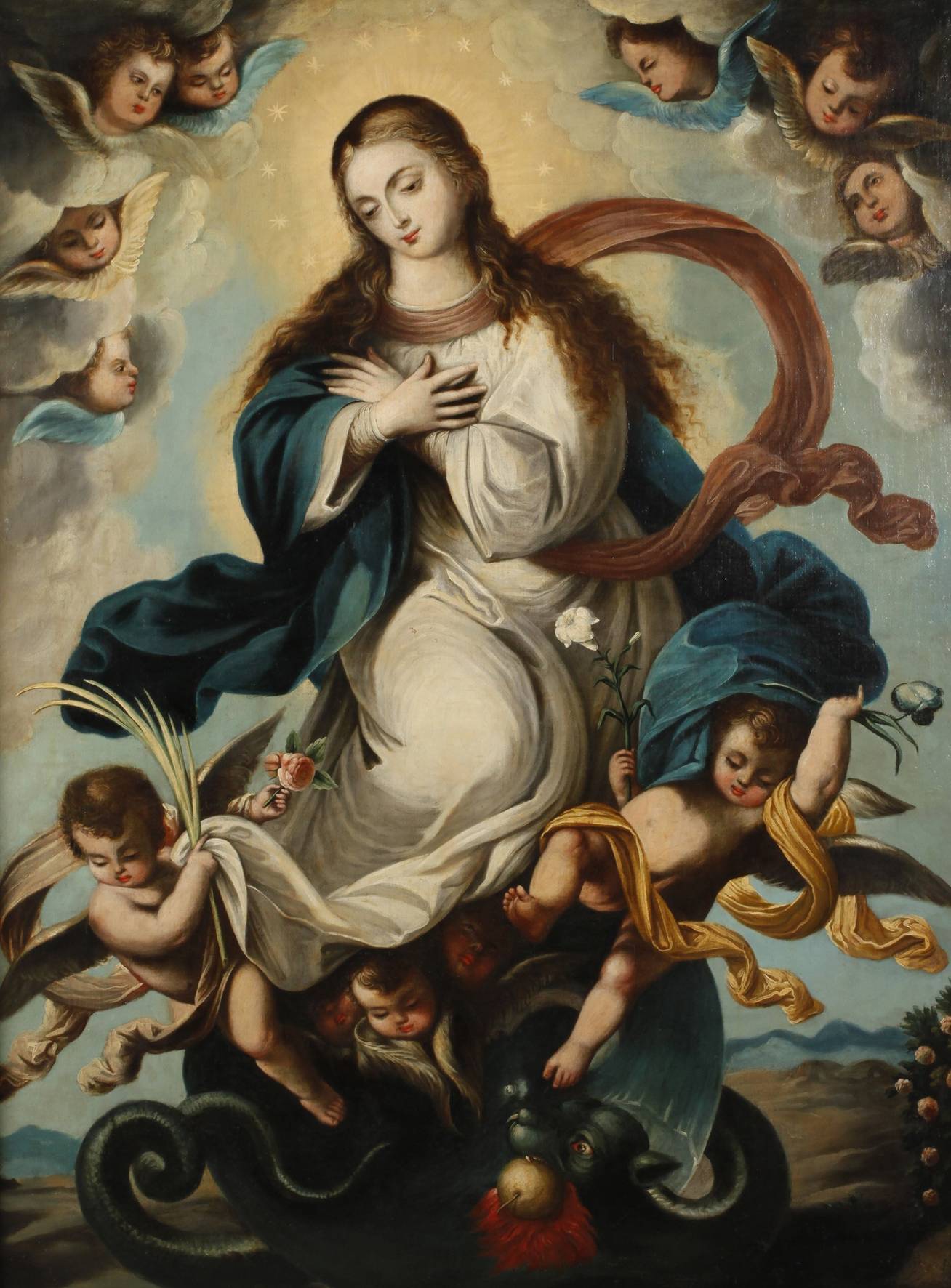 Maria über einem Drachen thronend