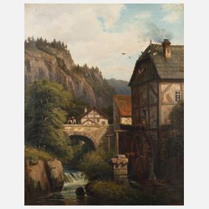 Adolf Chevalier, Gebirgslandschaft mit Wassermühle